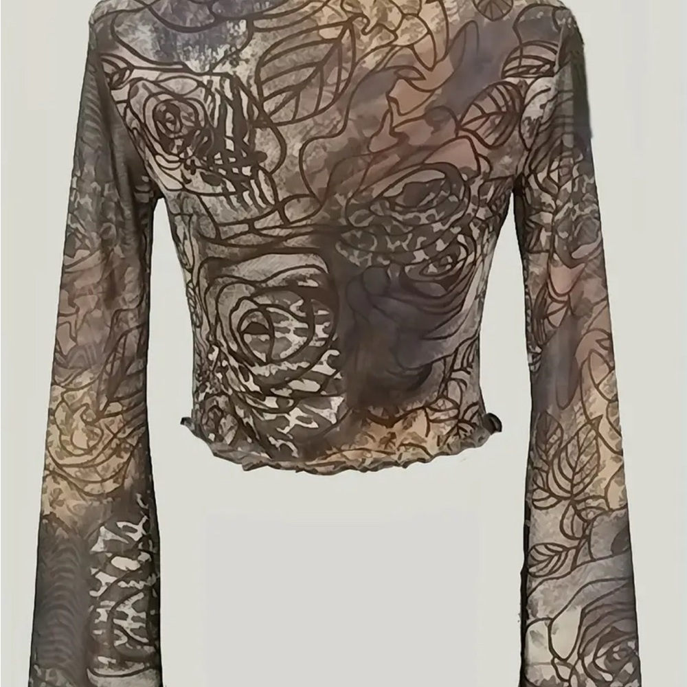 Elegant Sheer Leaf Print Top - Picture 3 of 6